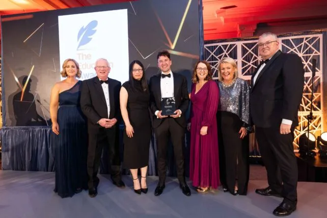 Dr Aisling Keenan, TUS digital marketing lecturer; TUS President Professor Vincent Cunnane; Yuxin Wang, awards judge; Daniel Seery, TUS digital marketing lecturer; Dr Alison Sheridan, Head of Department, Business and Management, TUS Athlone; Sinead O'Connell; and Dr Michael Tobin, Acting Dean of Faculty are pictured at the Education Awards 2024 in Killashee Hotel, Co Kildare.