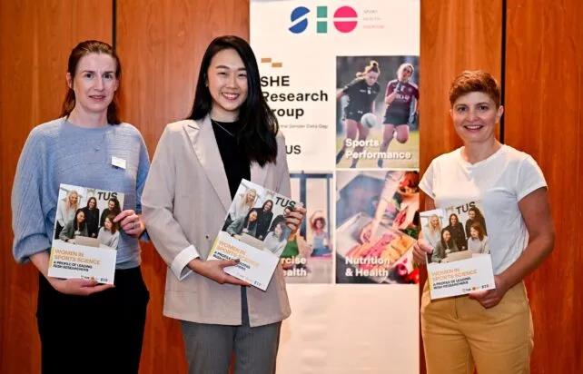 19 April 2024; In attendance during the Professional Women in Sport Science, Exercise, Physical Activity and Health network event are, from left, Dr Niamh Ní Chélleachair, Cherianne Taim and Dr Aoife Lane at the Farnham Estate in Cavan. Photo by Sam Barnes/Sportsfile *** NO REPRODUCTION FEE ***