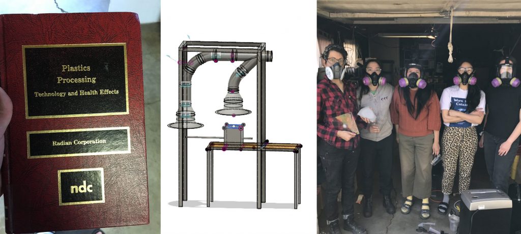 Photo collage showing research book on plastics and health, Emma's model for a vent system, mask-safety training.