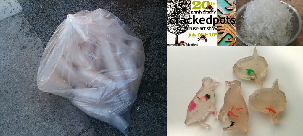 image collage describing project: showing bioplastic waste cups, card for crackedpots ReUse Art show, shredded bioplastic, sea animal figures